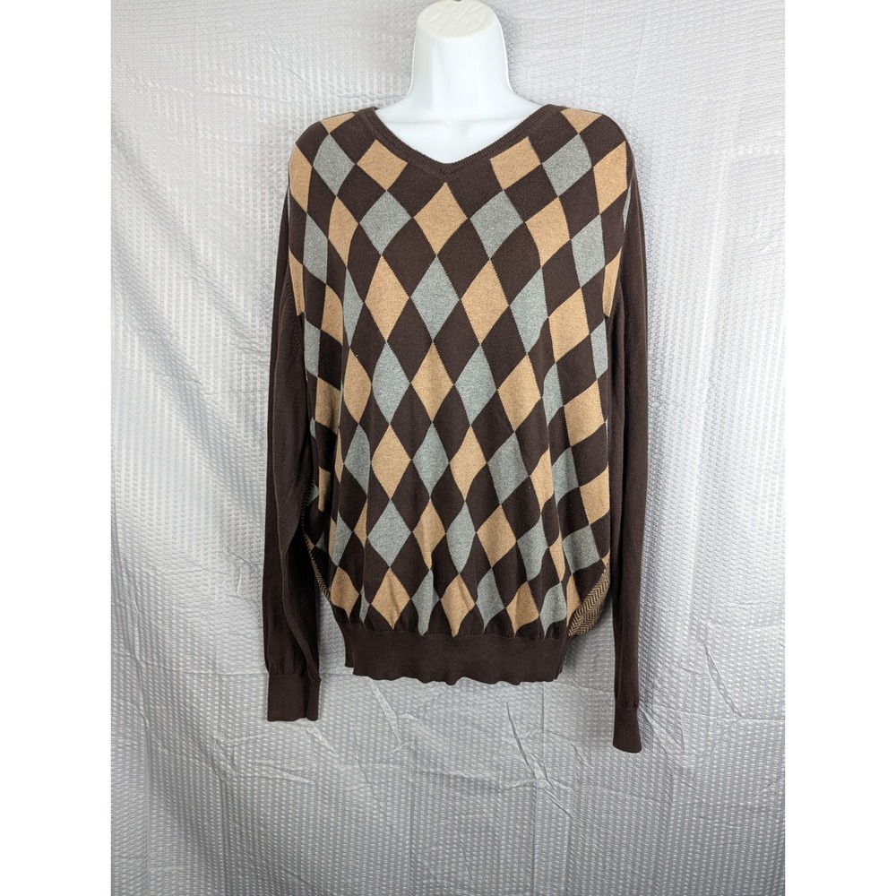 Austin Reed London Cotton Cashmere Argyle Herringbone Sweater Mens L Brown VNeck